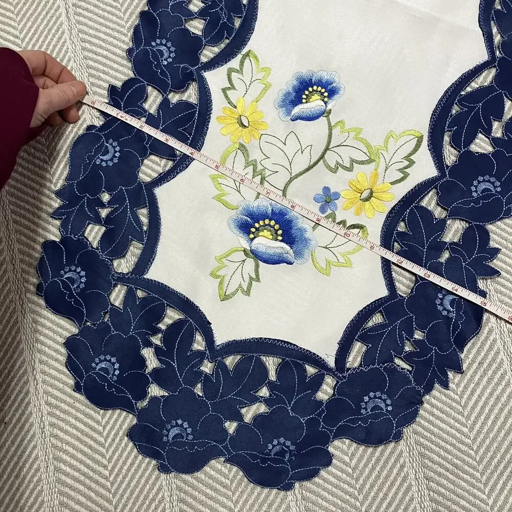 Floral Table Runner Machine Embroidered and Cut Blue Lace Trim 15x34 Polyester